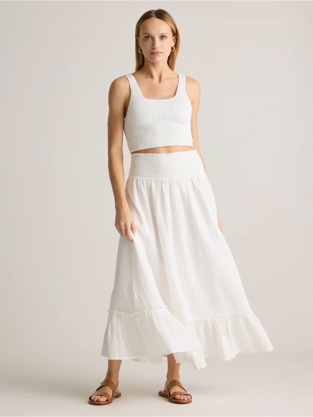 Quince 100% Organic Cotton Gauze Smoked Maxi Skirt, White, L